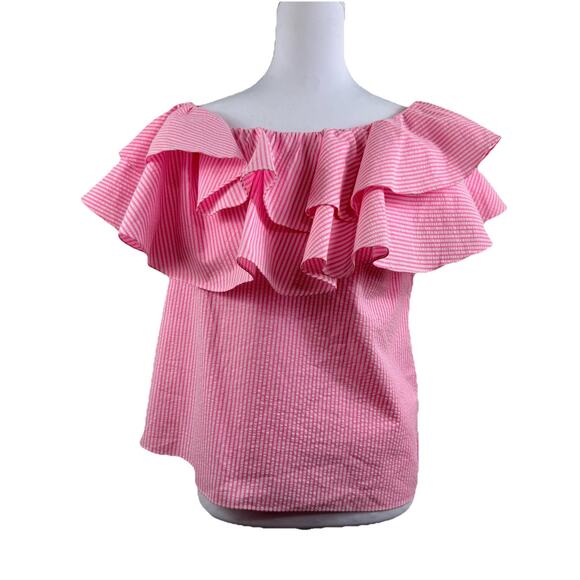 Lilly Pulitzer Seersucker Trixie One Shoulder Ruffle Top XS Pink & White Stripe - Picture 2 of 14